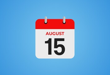 Icon calendar day. 15 August. 15th days of the month, illustration style. Date day of week Sunday, Monday, Tuesday, Wednesday, Thursday, Friday, Saturday. 