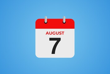 Icon calendar day. 7 August. 7th days of the month, illustration style. Date day of week Sunday, Monday, Tuesday, Wednesday, Thursday, Friday, Saturday. 
