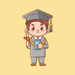 Cute success boy graduation kawaii chibi character mascot illustration outline style design