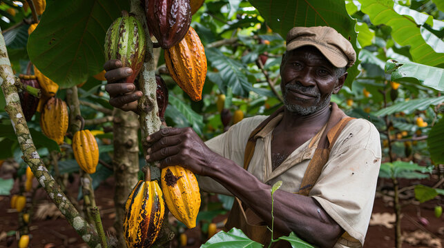 Farmer Harvesting Cocoa Beans on a Cocoa Plantation, Agricultural Work, Cocoa Tree and Pods, Isolated Scene