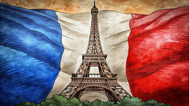 Eiffel tower, with french flag on background