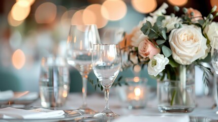 An elegant table setting showcasing delicate floral arrangements, sparkling glasses, and a warm, inviting ambiance perfect for intimate gatherings or special occasions.