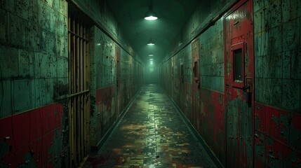 Fototapeta premium A Dark and Desolate Prison Corridor With Grungy Walls and Dim Lights