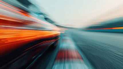 An abstract image showcasing the blurred motion of a fast-moving car on a racetrack, symbolizing speed, adrenaline, and futuristic racing concepts.