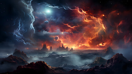 Fototapeta premium A stunning depiction of a fiery alien sky with blazing red clouds and a bright, shining sun in the distance. The landscape below is a rugged and rocky terrain.