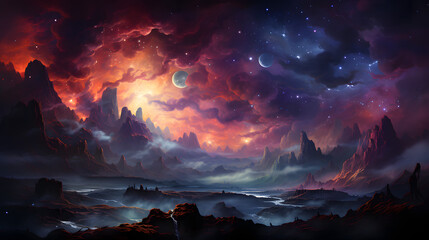 Fototapeta premium A stunning view of a fantasy landscape. Silhouetted mountains with a cascading waterfall in the foreground and a deep, starry sky above.