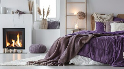Fototapeta premium Scandinavian interior design of modern bedroom. Bed with purple bedding and wooden ladder shelf near fireplace.