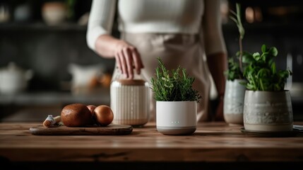 Person in a kitchen setting, surrounded by fresh ingredients and potted plants, preparing to cook. The image conveys a warm and homey atmosphere with earthy tones.