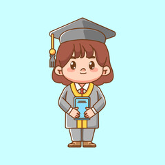 Cute graduation girl hold book kawaii chibi character mascot illustration outline style design