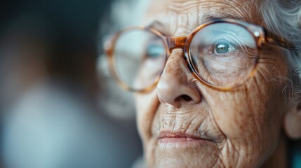 A close-up image of an elderly woman&rsquo;s curly grey hair and the frame of her eyeglasses, highlighting the details of aging, wisdom, and the passage of time.
