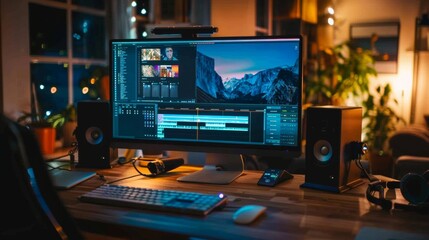 Fototapeta premium high-end computer and a video editing program on the screen