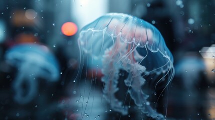 A graceful jellyfish floats effortlessly in an urban underwater environment, depicted in vivid detail, capturing both the beauty of marine life and the mystery of deep waters.