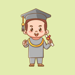 Cute graduation happy boy hold certificate kawaii chibi character mascot illustration outline style design