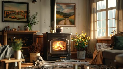 high-resolution, ultra-realistic, 4K, cinematic image of a wood stove mantel decor in living room