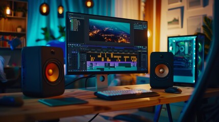 Fototapeta premium high-end computer and a video editing program on the screen