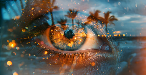 A close up of a person's eye with a blurry background of palm trees