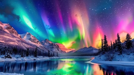 Fototapeta premium Aurora Borealis Over Snowy Mountains
