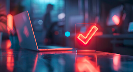 A red check mark is on a glass object on a table.  Scene is that of a work environment