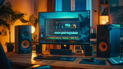 Fototapeta premium high-end computer and a video editing program on the screen