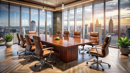 Elegant conference room with modern wooden table, leather chairs, and sleek podium, set against a backdrop of city skyline through floor-to-ceiling windows.