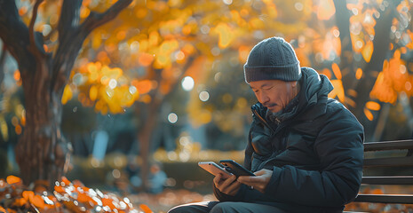 A man is sitting on a bench in a park, looking at his cell phone