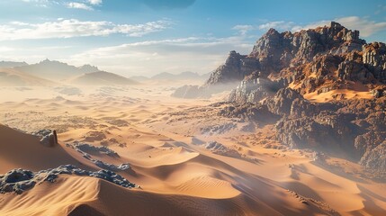 Fototapeta premium A vast desert landscape, with rolling sand dunes and rocky outcrops, shaped by wind and erosion over millions of years. Concept of arid environments.