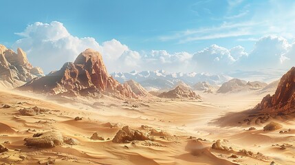 Naklejka premium A vast desert landscape, with rolling sand dunes and rocky outcrops, shaped by wind and erosion over millions of years. Concept of arid environments.