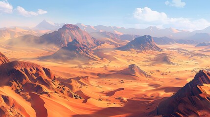 Naklejka premium A vast desert landscape, with rolling sand dunes and rocky outcrops, shaped by wind and erosion over millions of years. Concept of arid environments.