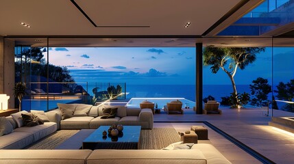 Fototapeta premium Building Exterior luxury of living room with sea view 