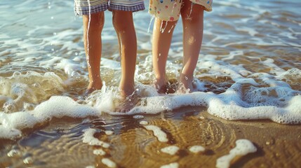 Fototapeta premium Children stand on the beach sea water flowing around its legs, close up on legs, summer vacation fun concept