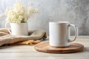 Mockup mug on wooden cup coaster with linen cloth and vase at the background