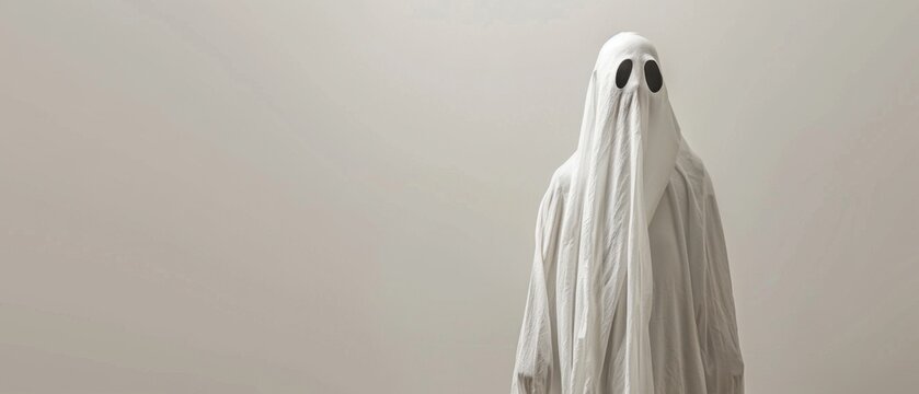 Person in a ghost costume created from a white sheet standing against a plain, minimalistic background. - Powered by Adobe
