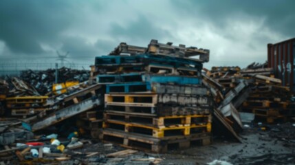 A stack of pallets in a junkyard under a cloudy sky, garbage dump, blurred