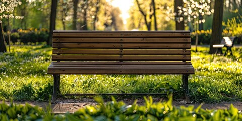wooden park bench in the spring season