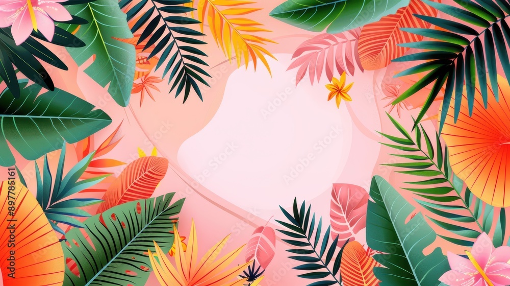 Wall mural Energetic tropical leaves with contrasting colors on an abstract earth tone Memphis backdrop, 8K resolution, suitable for unique and trendy desktop wallpaper