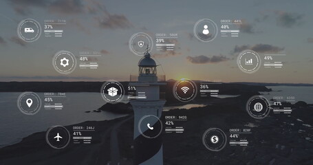 Image of network of icons and data processing over landscape