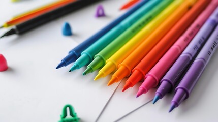 Obraz premium Vibrant and realistic display of a set of colored markers in a rainbow arrangement on a white desk with scattered sheets of paper highlighting an artistic and creative work environment