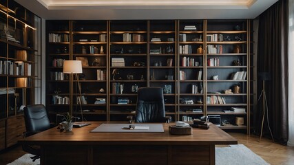 home office with bookshelves background design copy space