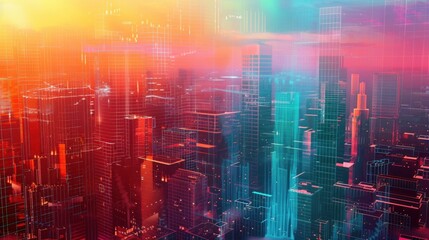 Fototapeta premium Neon Cityscape with Digital Grid Overlay