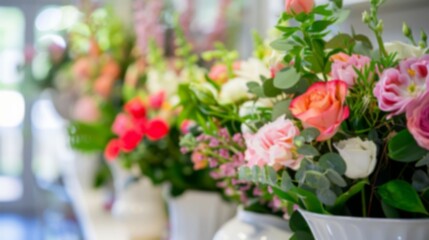 A blurred image of a floral arrangement in white vases, with a window in the background, flower shop or delivery concept, out of focus, copy space