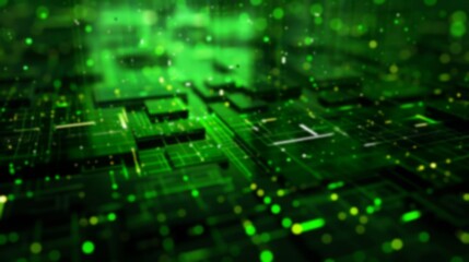 A green and black background with a blurred circuit board pattern, out of focus, copy space, light bokeh