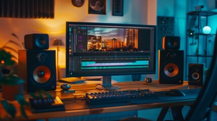 Fototapeta premium high-end computer and a video editing program on the screen