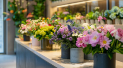 A blurred view of colorful bouquets in a flower shop, flower shop or delivery concept, out of focus
