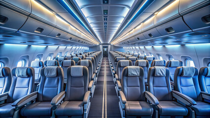 Obraz premium Empty commercial airliner interior with sleek rows of seats and overhead compartments lining a narrow aisle, soft lighting and subtle shadows filling the cabin.