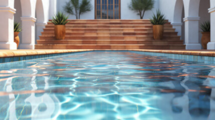 A blurred view of a swimming pool and stone steps in front of a white building, out of focus, copy space