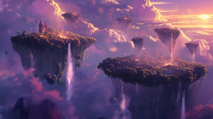 47. Craft a whimsical 3D rendered background of floating islands adorned with cascading waterfalls under a twilight sky painted with hues of purple and gold.