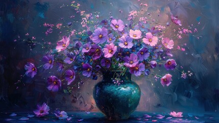A vase of purple flowers sits on a table
