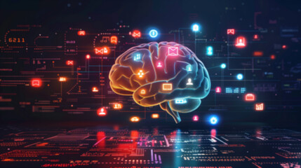 Obraz premium brain with glowing icons floats against a blurred, abstract background with glowing lines and data, out of focus