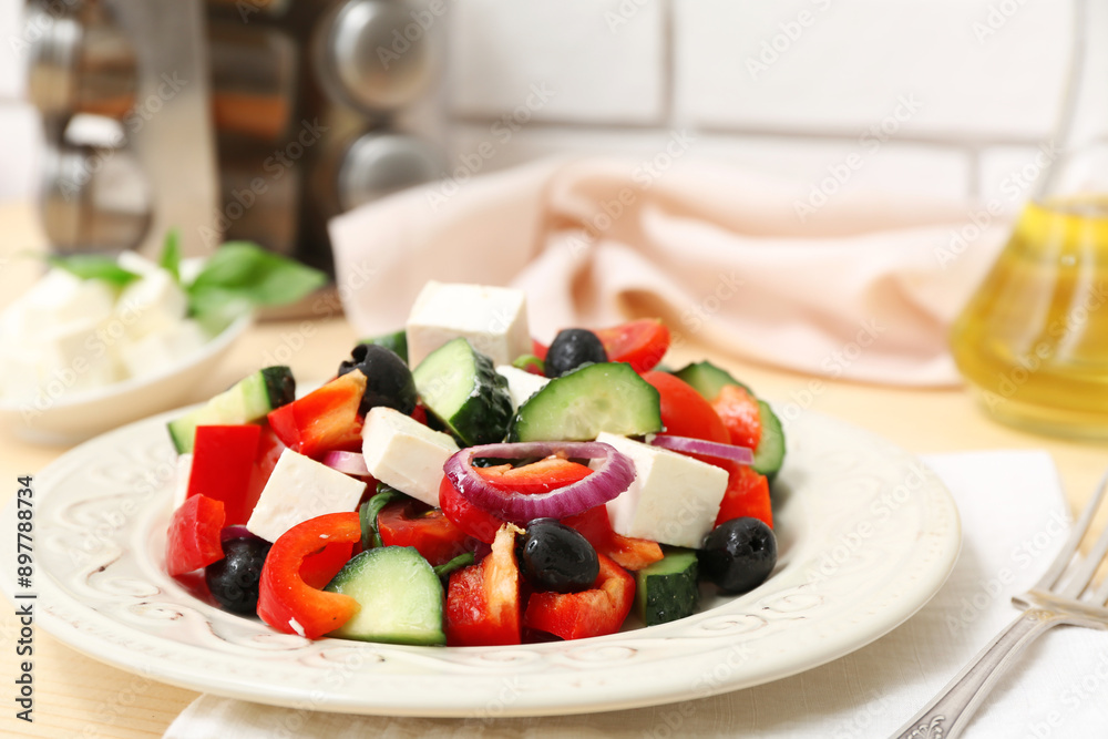 Wall mural plate of healthy vegetable salad with bell pepper, olives, feta cheese and cucumber, closeup