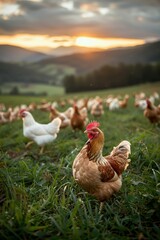 Fototapeta premium Free-Range Chickens Grazing in a Scenic Countryside at Sunset with Rolling Hills in the Background